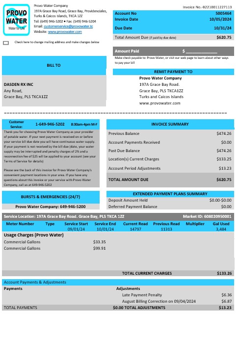 United Kingdom Turks and Caicos Islands Provo Water Company business utility bill Word and PDF template PSD template